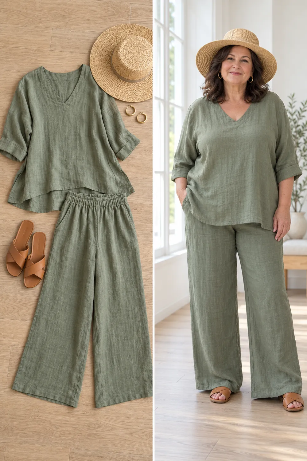 Plus-size woman over 50 in a sage linen tunic and wide-leg trousers, a snowbird outfit