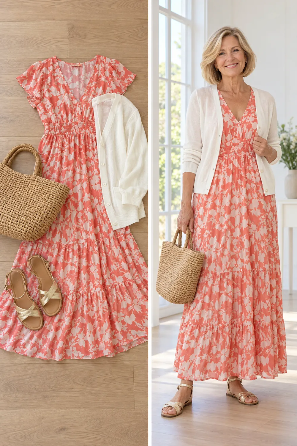 Floral maxi dress with a cream cardigan and sandals, a snowbird outfit for women over 50