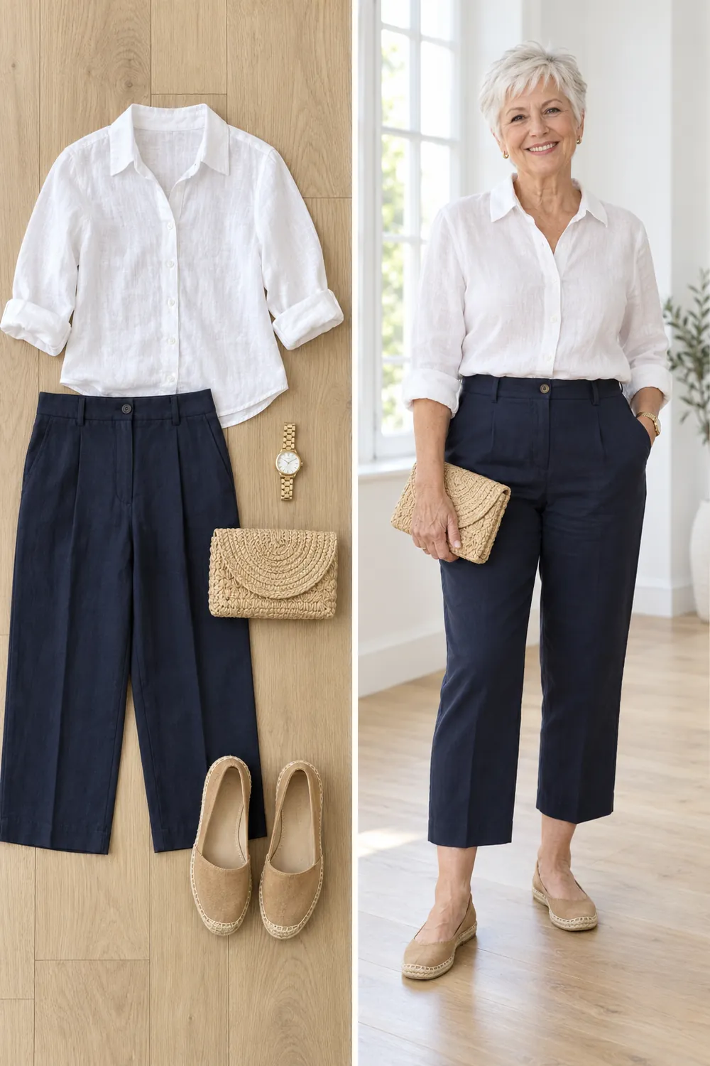 Navy cropped trousers with a white linen shirt and espadrilles, a snowbird outfit for women over 50