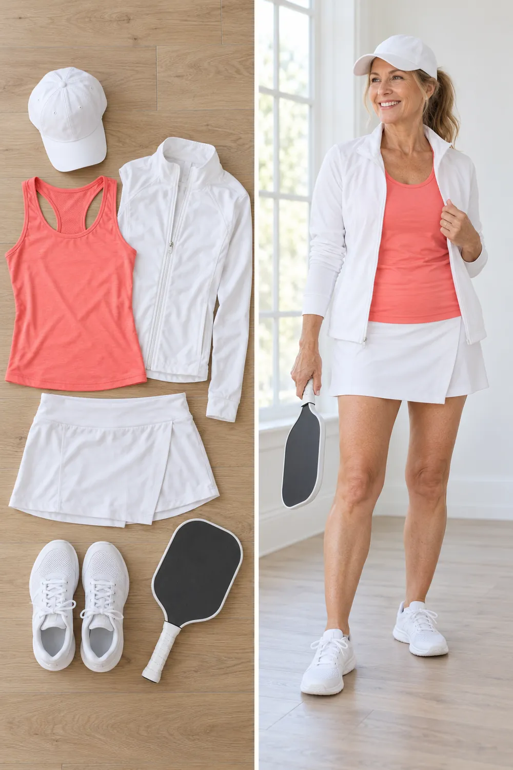 Athletic skort with a breathable tank and court shoes, a pickleball outfit for women over 50