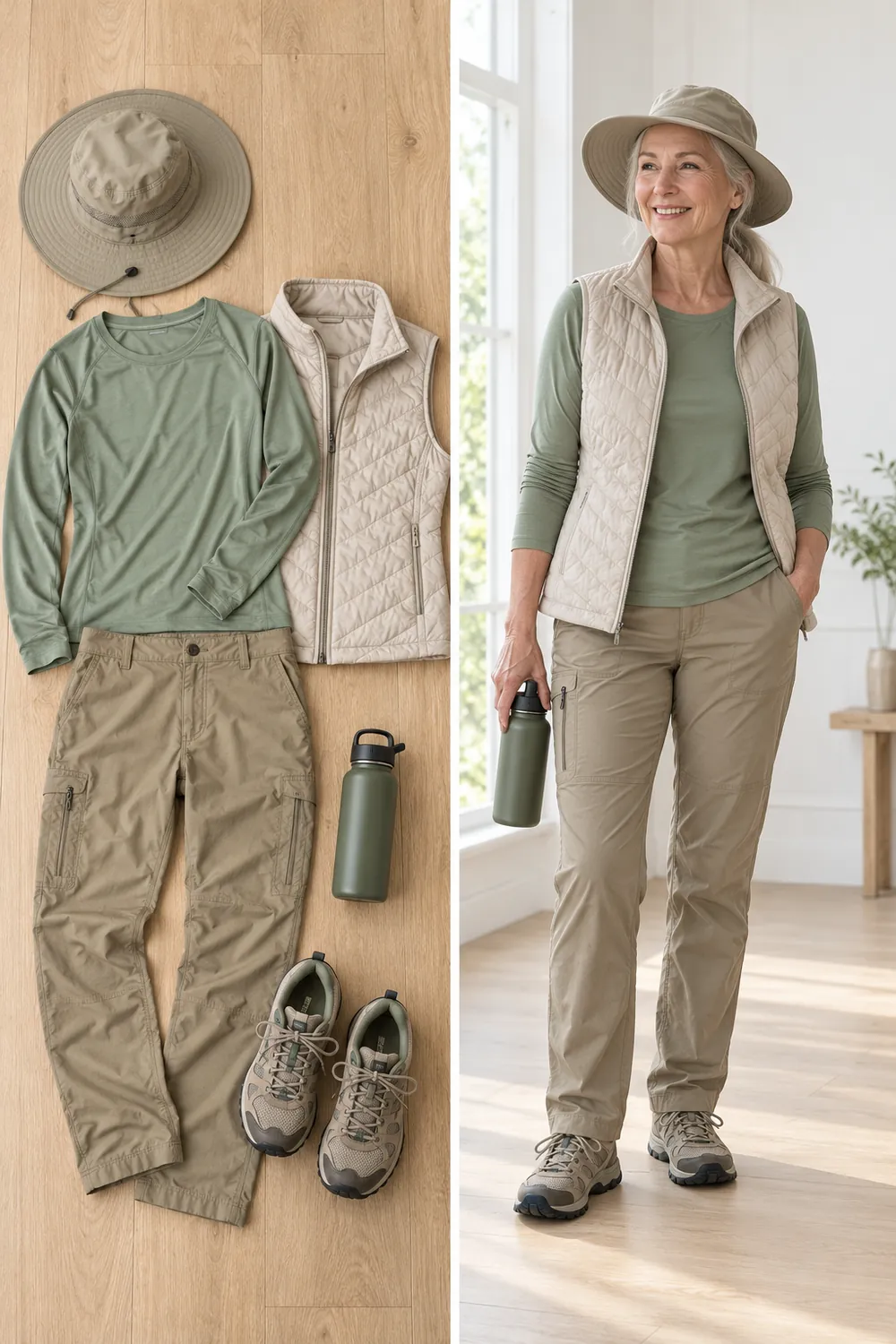 Hiking pants with a long-sleeve sun shirt, vest and wide-brim hat, an Arizona hiking outfit for women over 50
