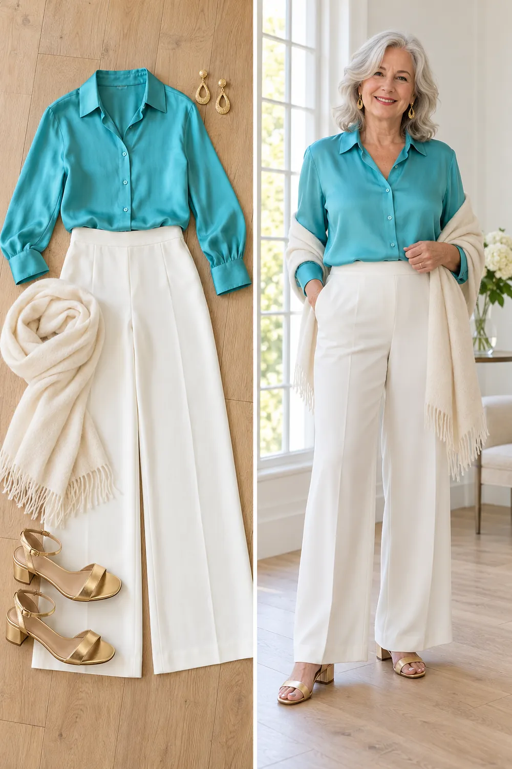 Turquoise silk blouse with white wide-leg trousers, a club dinner snowbird outfit for women over 50