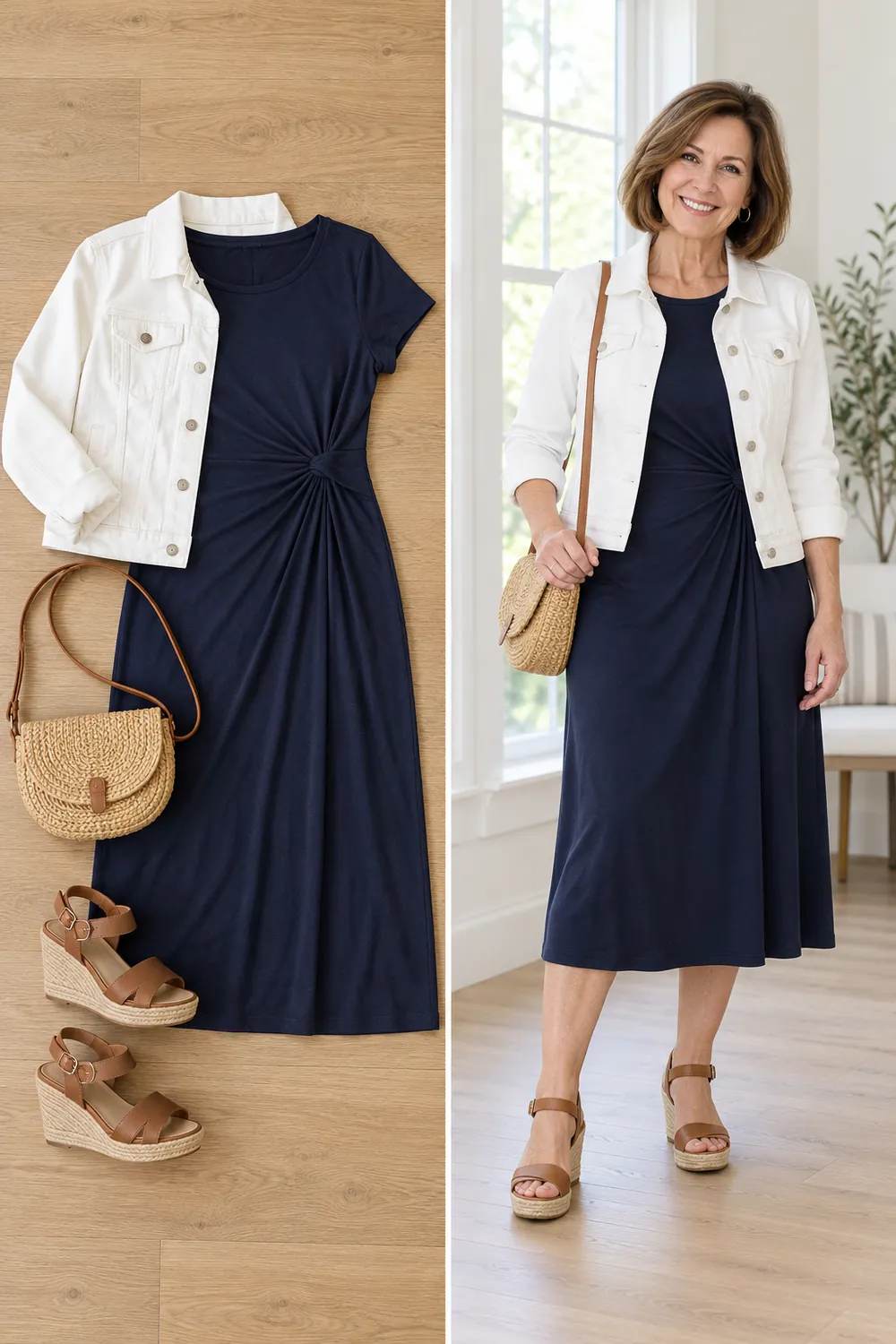 Navy midi dress with a white denim jacket and sandals, a snowbird evening outfit for women over 50