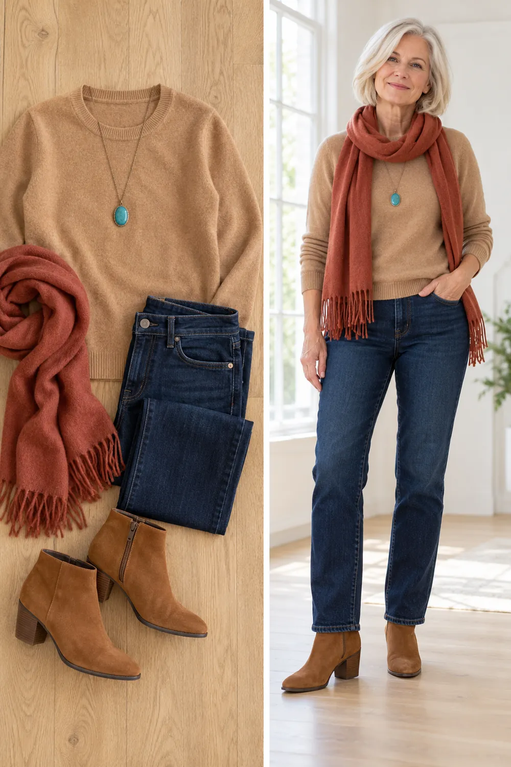 Camel cashmere sweater with dark jeans and ankle boots, an Arizona evening outfit for women over 50