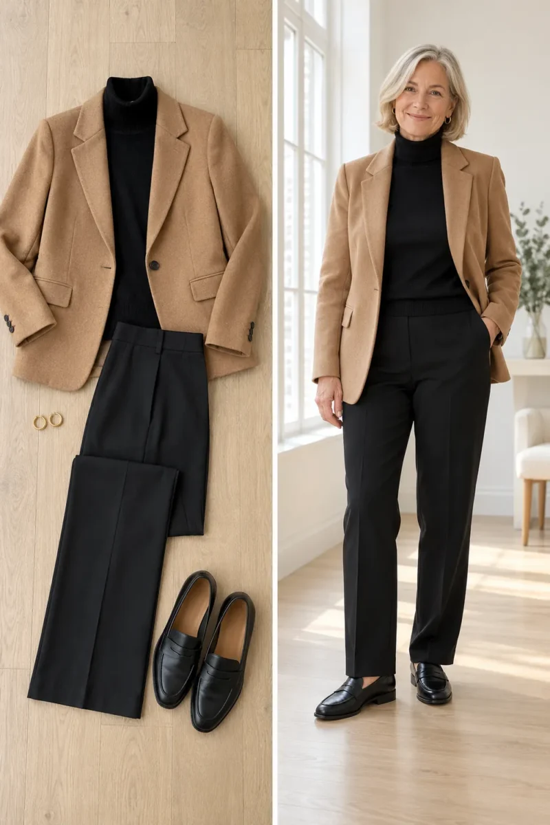 Black turtleneck under a camel blazer with black wool trousers, a winter work outfit for women over 50