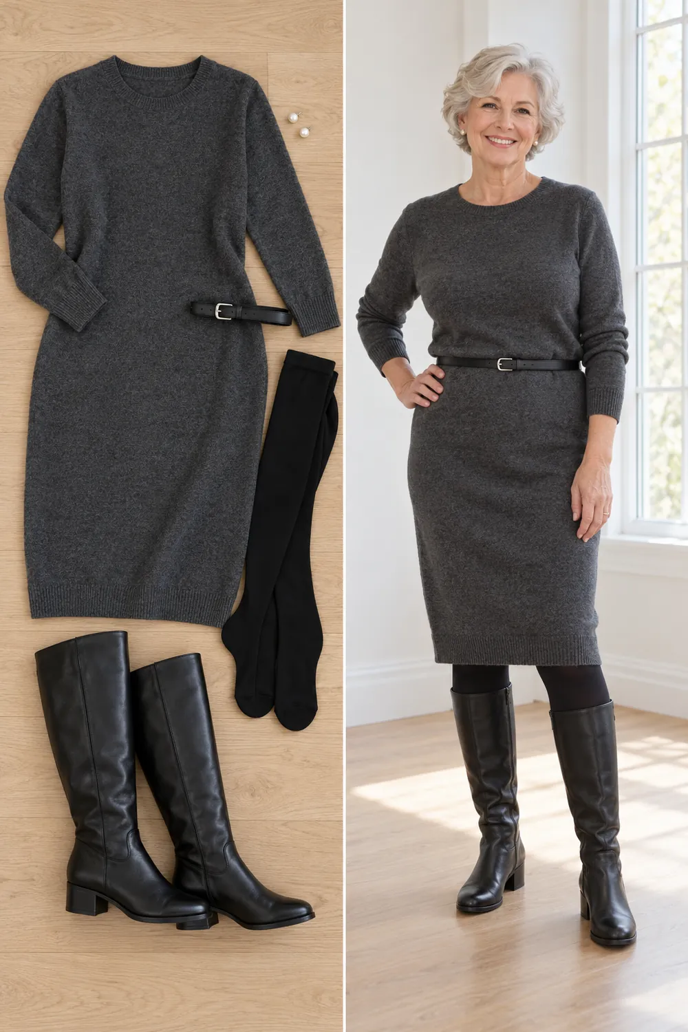 Charcoal sweater dress with black tights and knee boots, a winter work outfit for women over 50