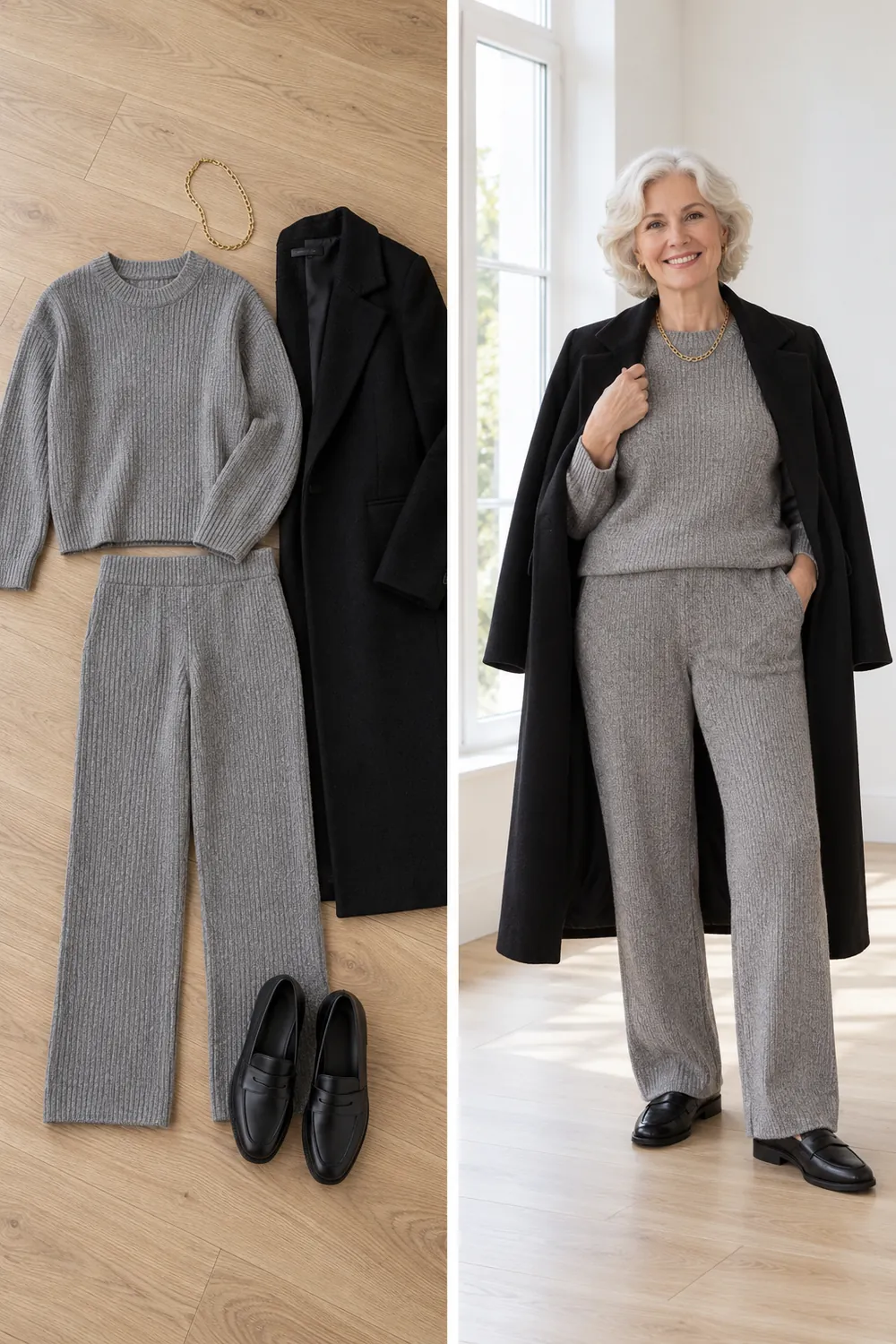 Heather gray knit set with loafers and a long coat, a hybrid winter work outfit for women over 50