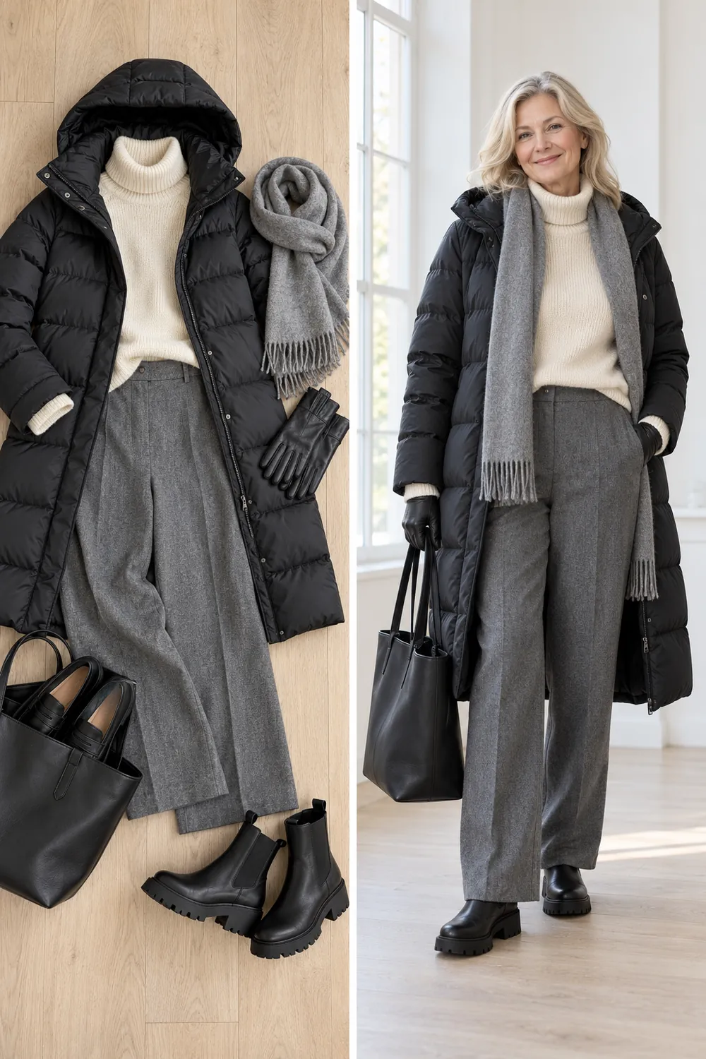 Long black puffer over a turtleneck and wool trousers with waterproof boots, a snowy commute work outfit for women over 50