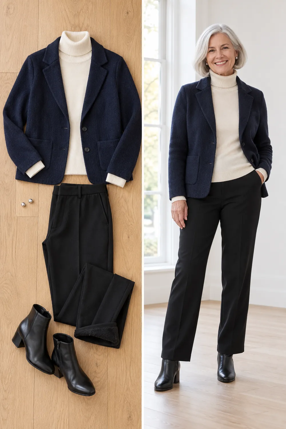 Navy cashmere blazer with fleece-lined trousers and a turtleneck, a very cold day work outfit for women over 50