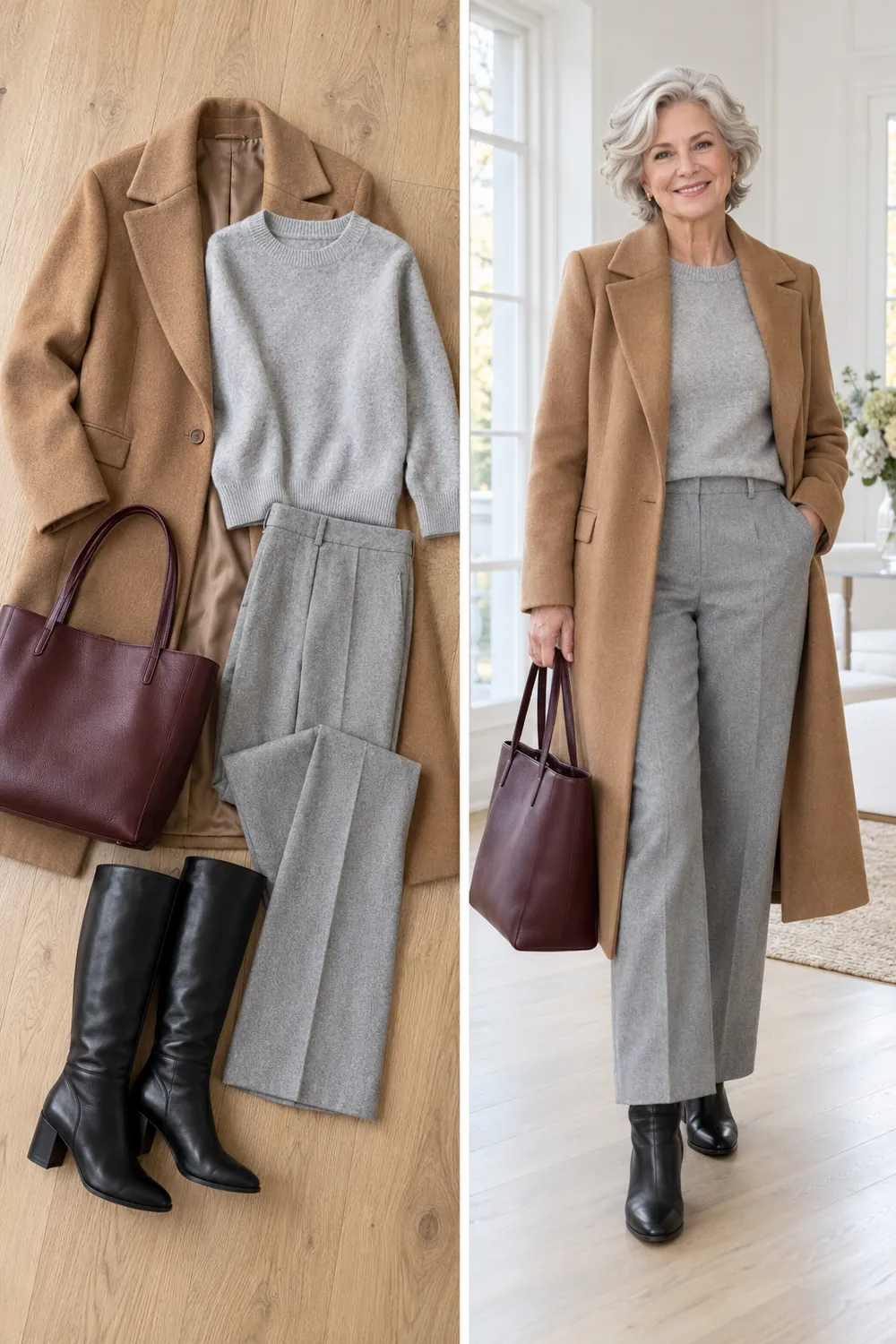Camel coat over a gray sweater and gray trousers, an elegant winter work outfit for women over 50