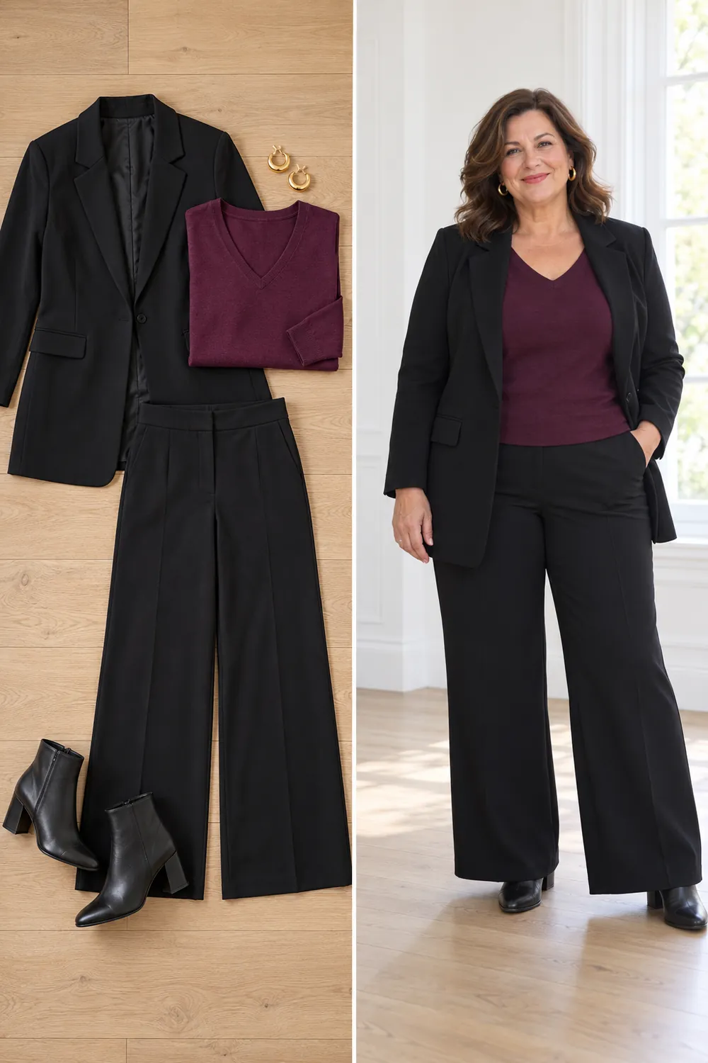 Plus-size woman over 50 in a longline black blazer, plum knit top and ponte wide-leg trousers for work