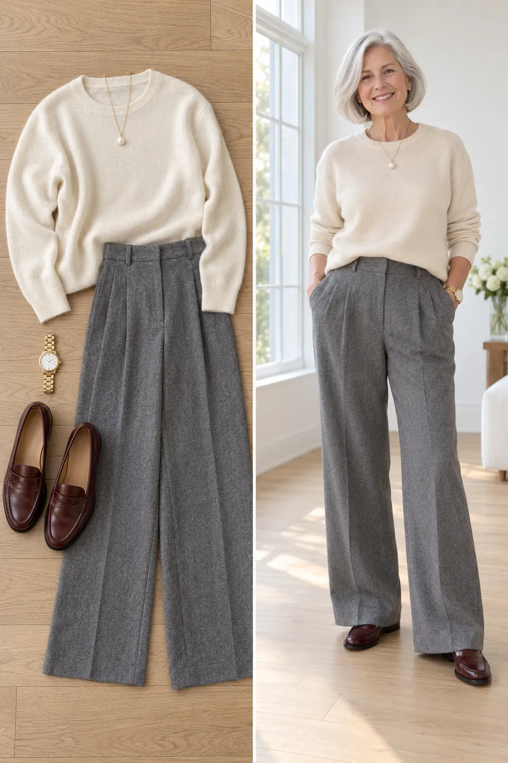 Ivory cashmere sweater with gray wool trousers and loafers, a winter work outfit for women over 50