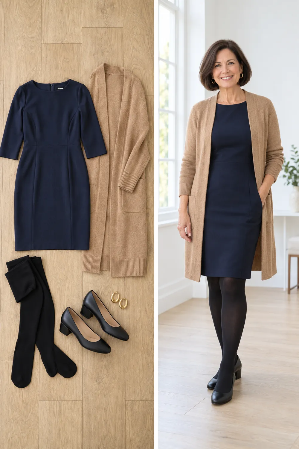 Navy ponte sheath dress with a long camel cardigan, a winter work outfit for women over 50
