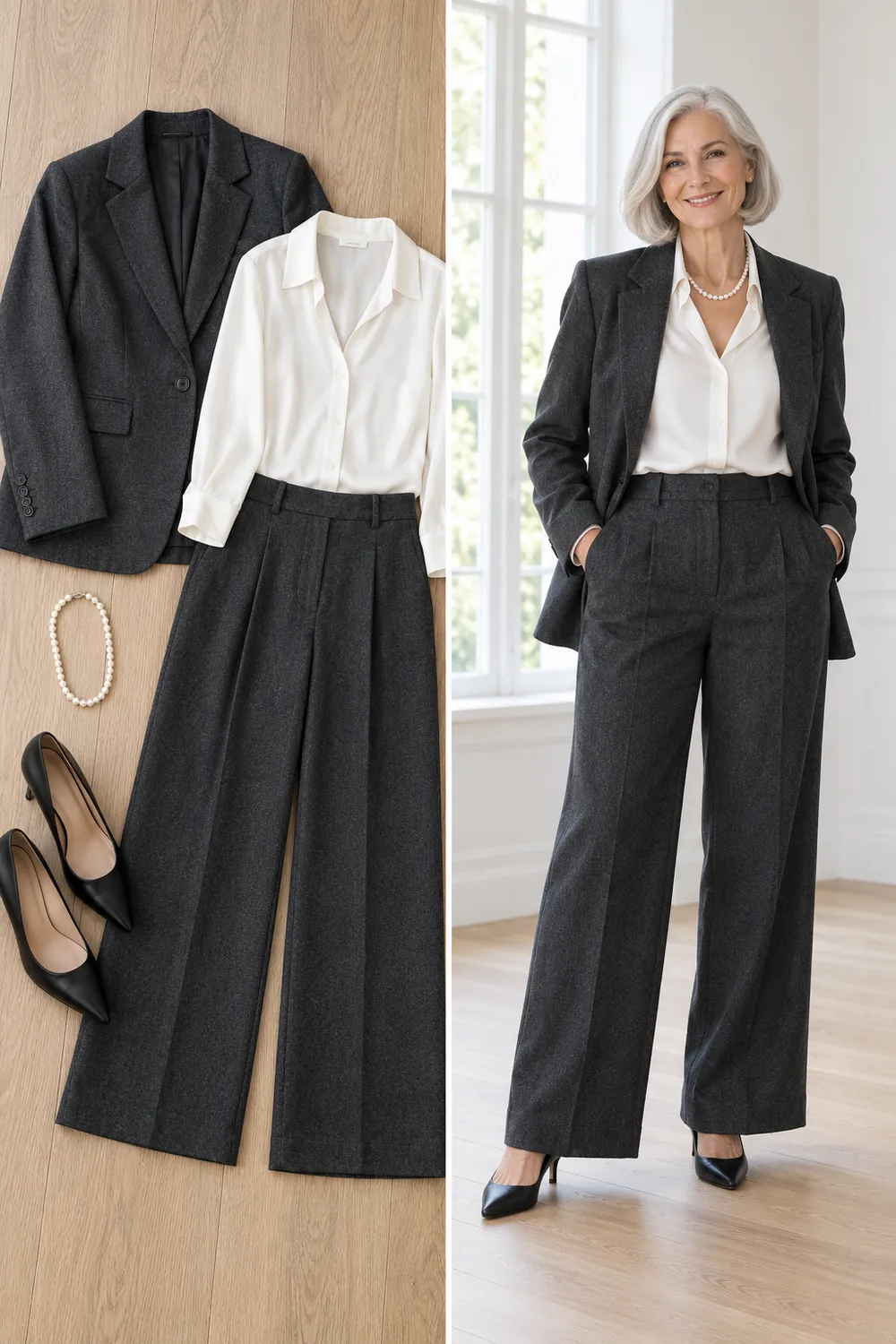 Charcoal wool trouser suit with a white silk blouse, a winter work outfit for women over 50