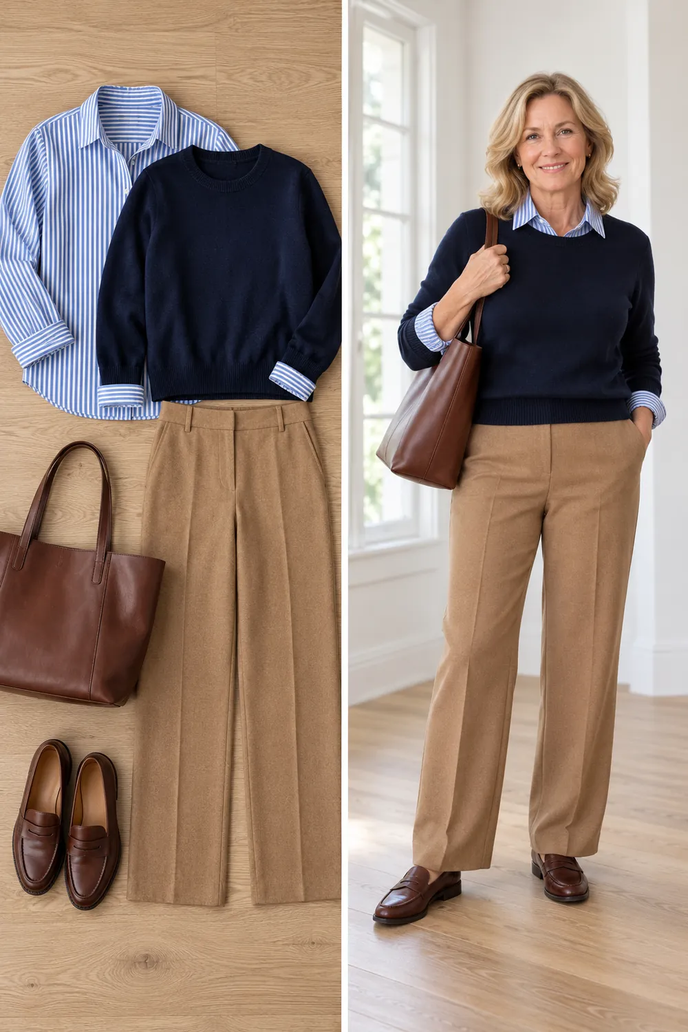 Striped shirt under a navy sweater with camel trousers, a business casual winter outfit for women over 50