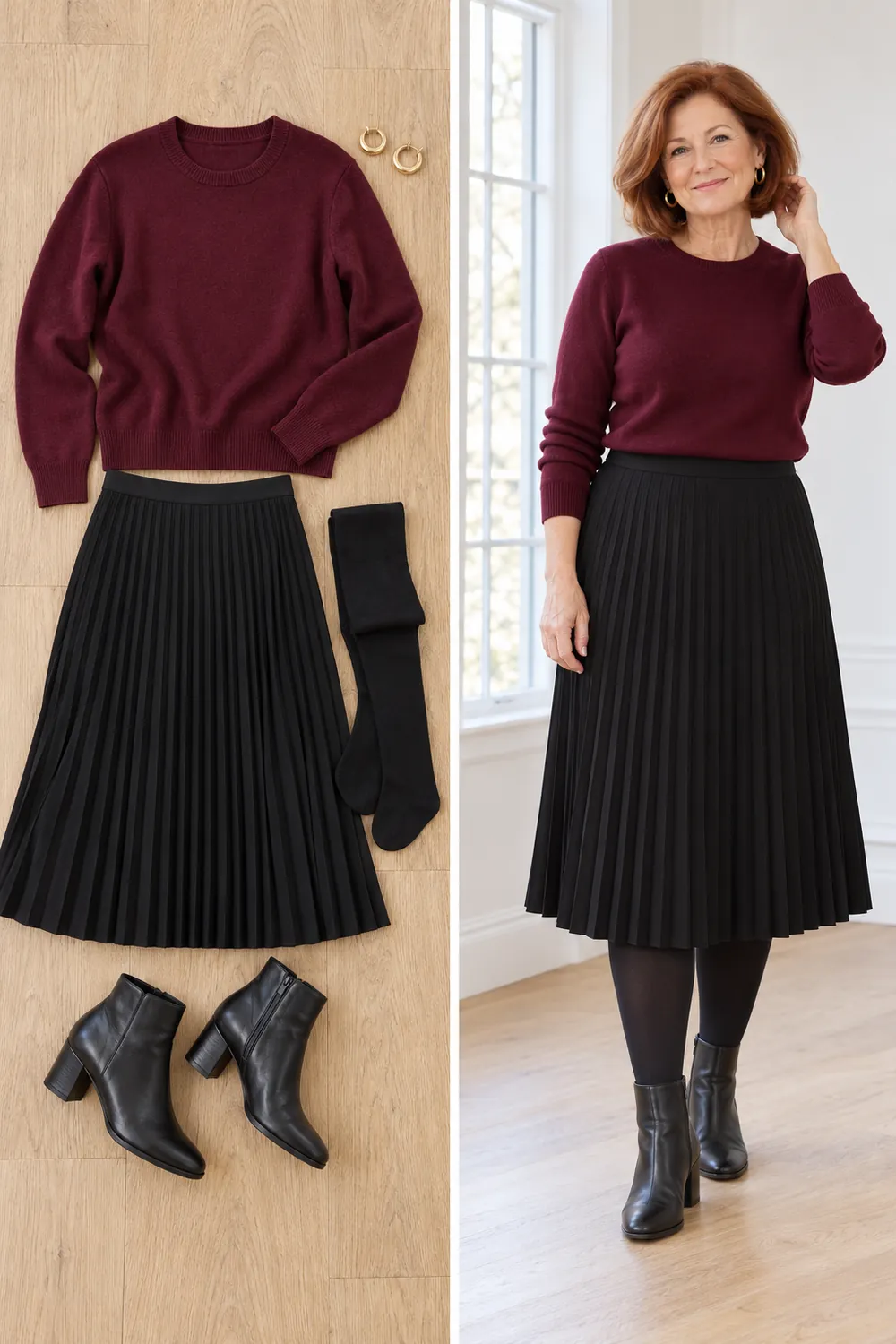Burgundy fine knit with a black pleated midi skirt and boots, a winter work outfit for women over 50