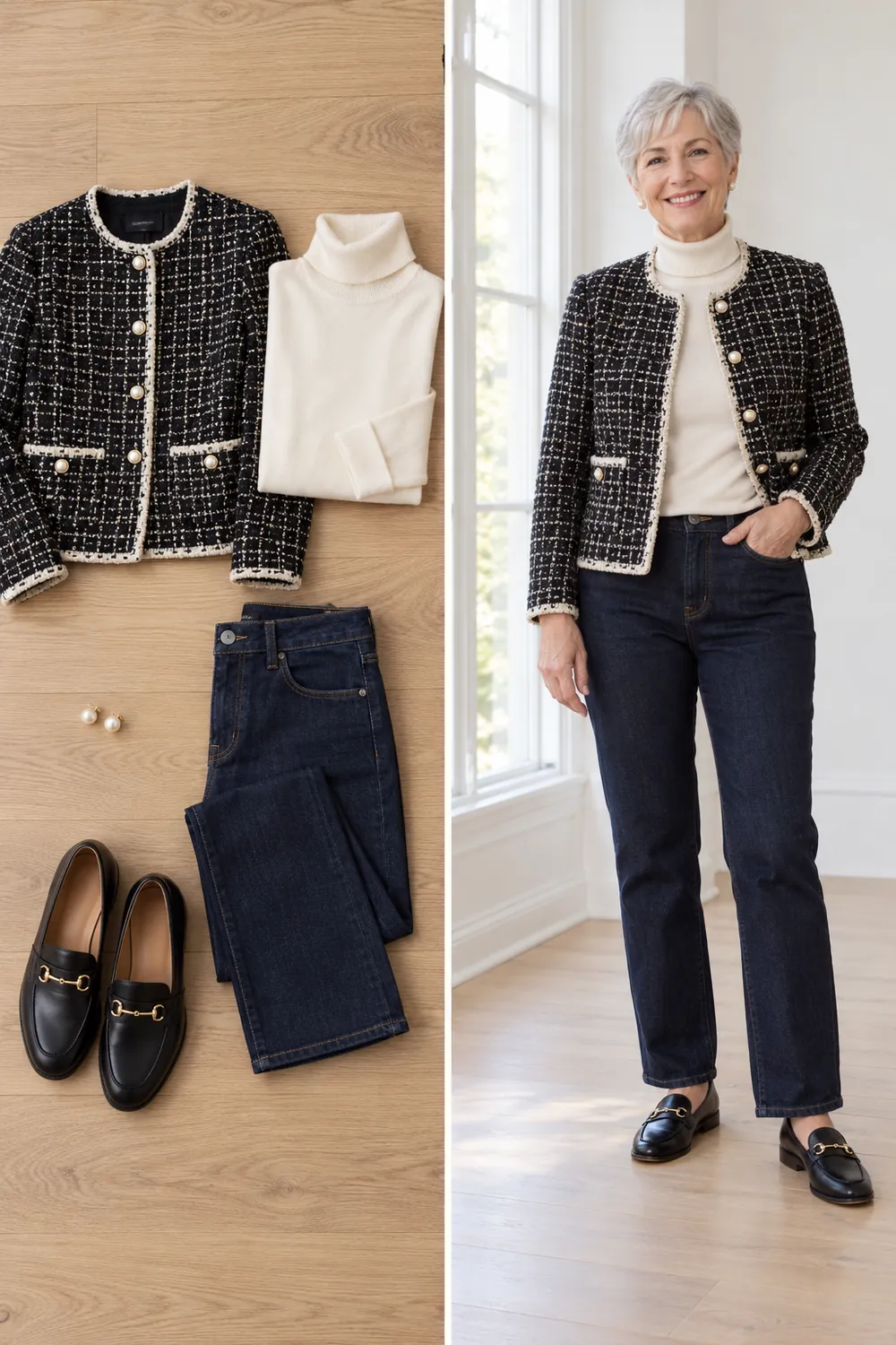 Tweed jacket with a cream turtleneck and dark jeans, a Friday winter work outfit for women over 50