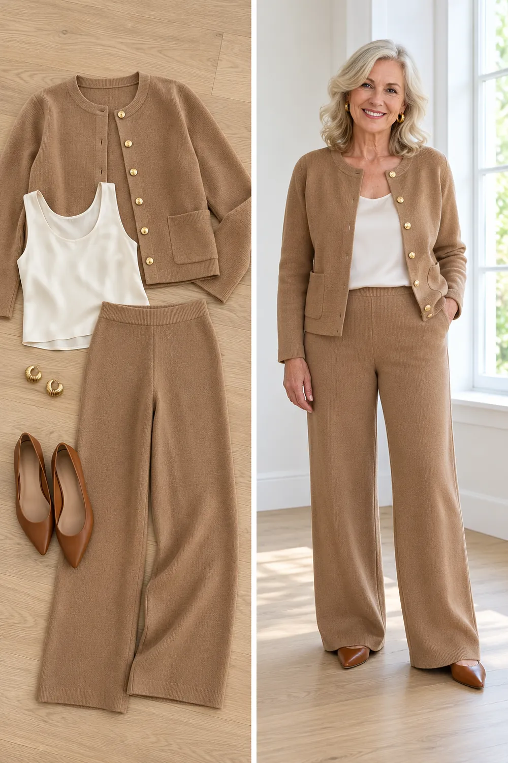 Camel knit cardigan with matching knit trousers, a cozy winter work outfit for women over 50