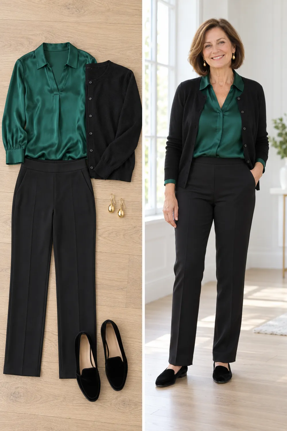 Emerald silk blouse with a cardigan and ponte pants, a hybrid work outfit for women over 50