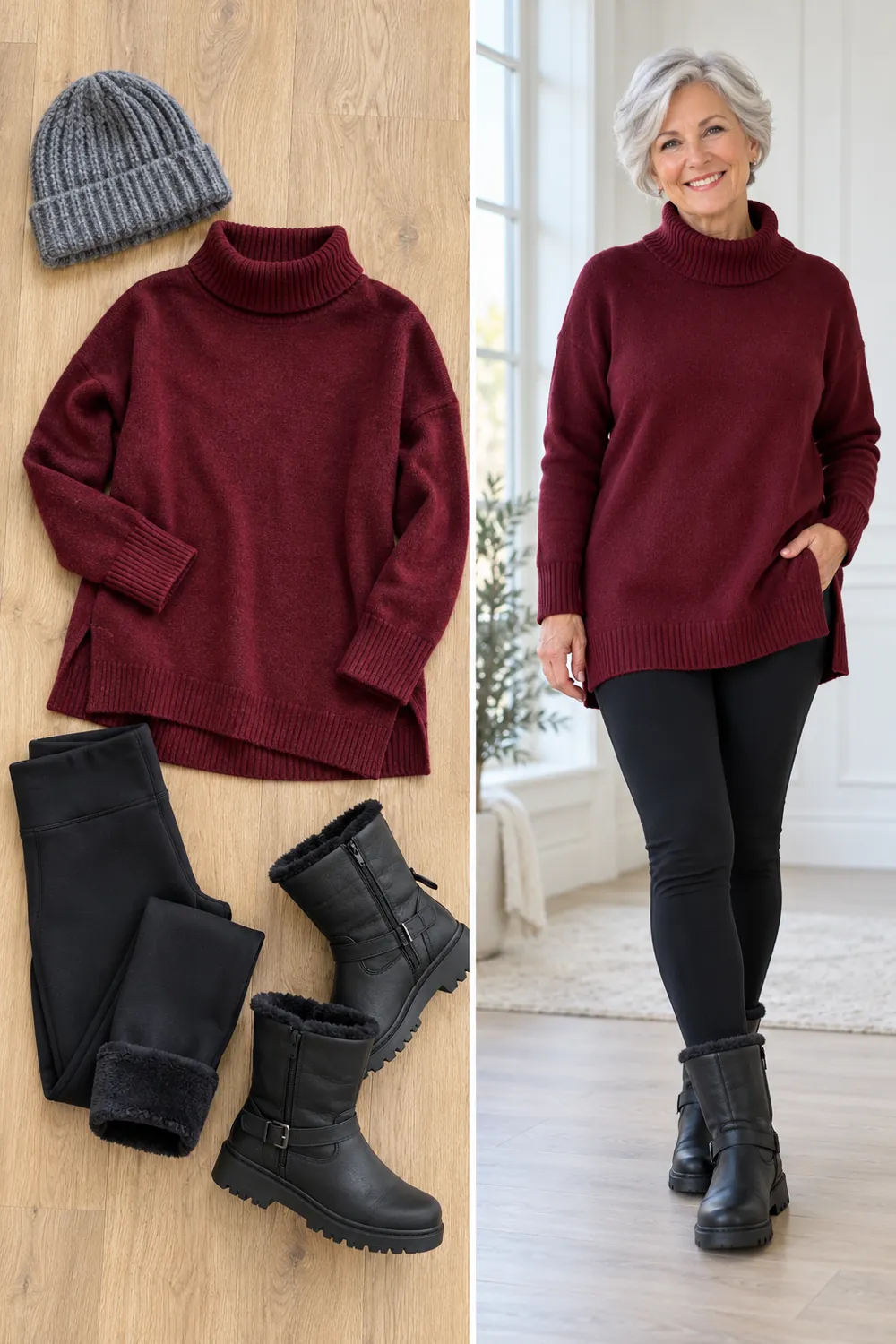 Fleece-lined black leggings with a tunic sweater and boots, a winter wardrobe essential for women over 50