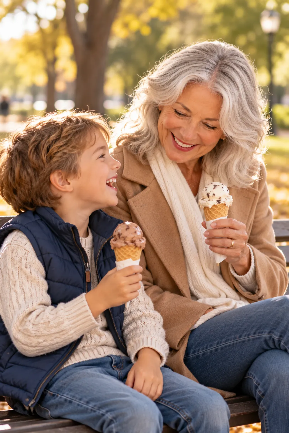 Grandmother and grandson sharing ice cream on a park bench during a one-on-one outing