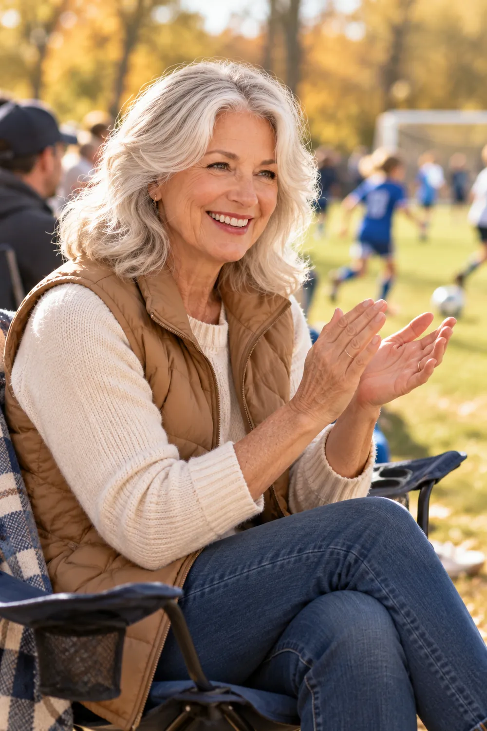 Grandmother cheering at her grandson's soccer game from the sidelines