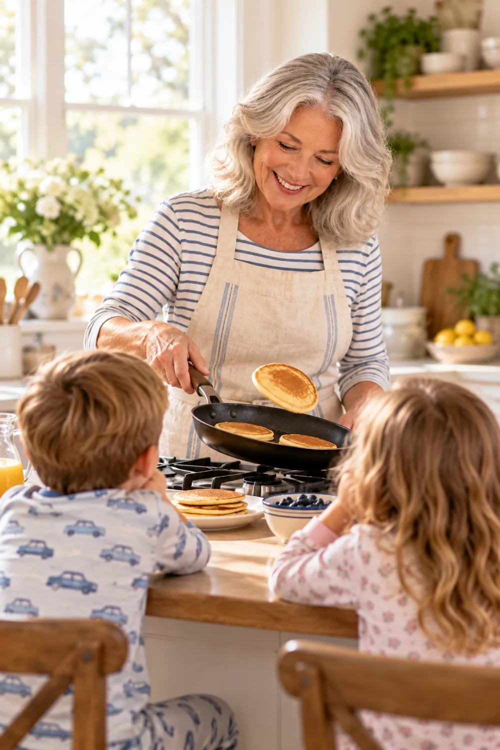 Grandmother flipping pancakes with her grandchildren for a Sunday morning tradition