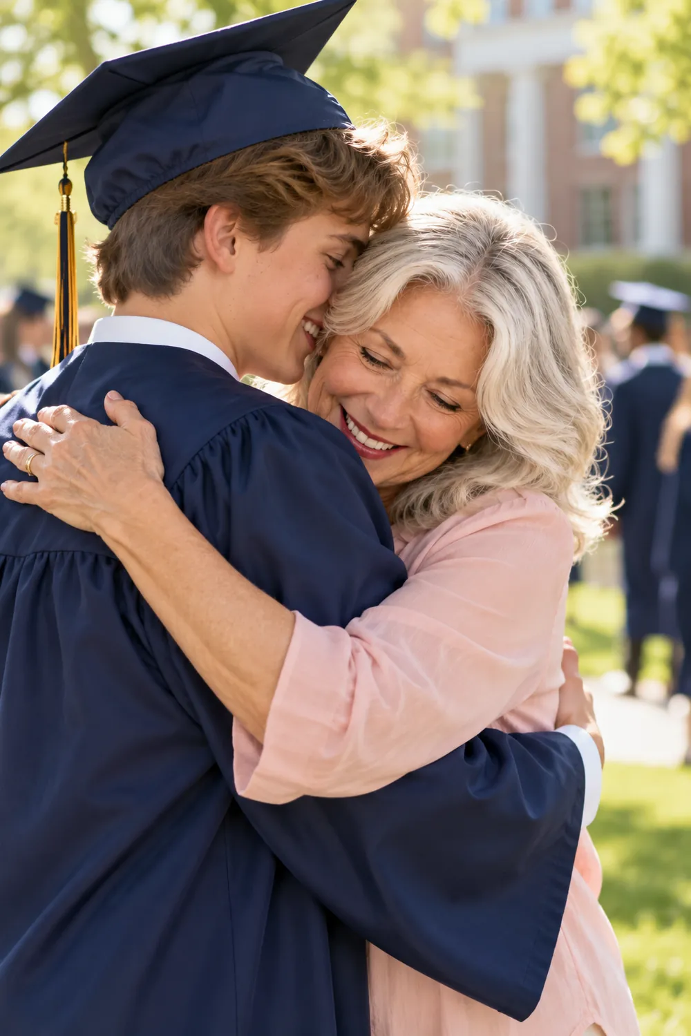 Grandmother hugging her grandson at his school graduation