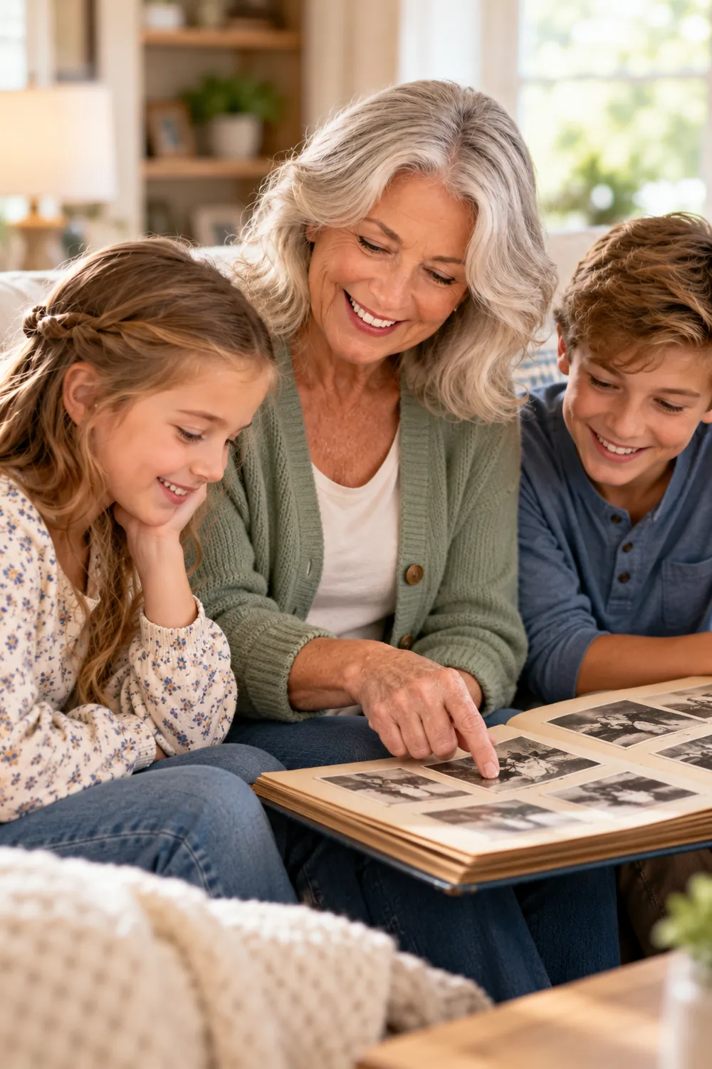 Grandmother showing an old family photo album to her grandchildren on the sofa