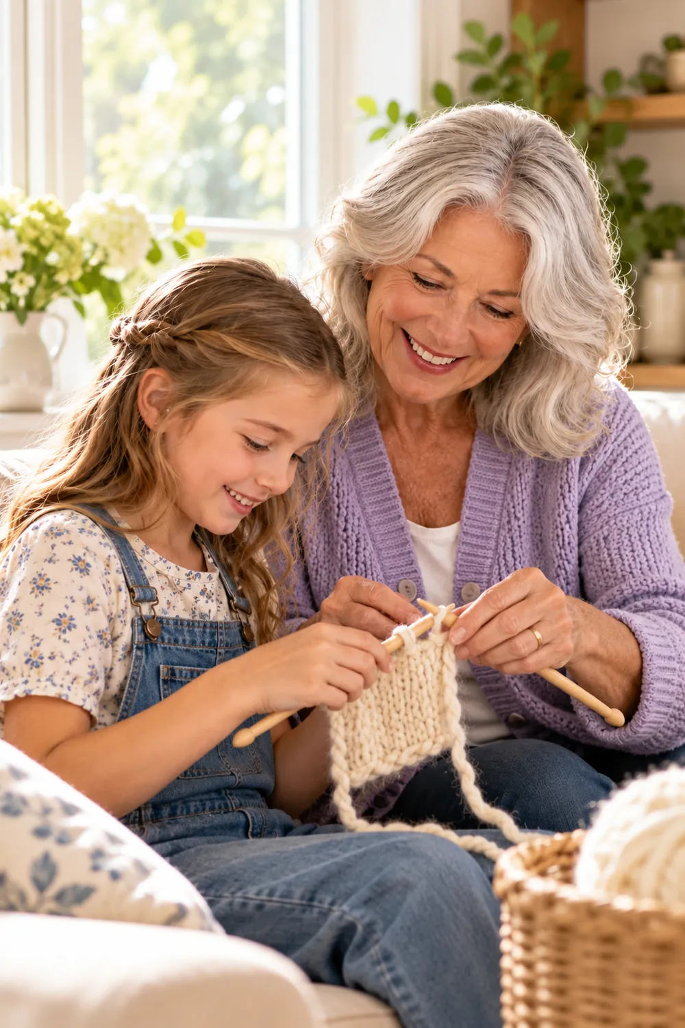 Grandmother teaching her granddaughter to knit by a sunny window