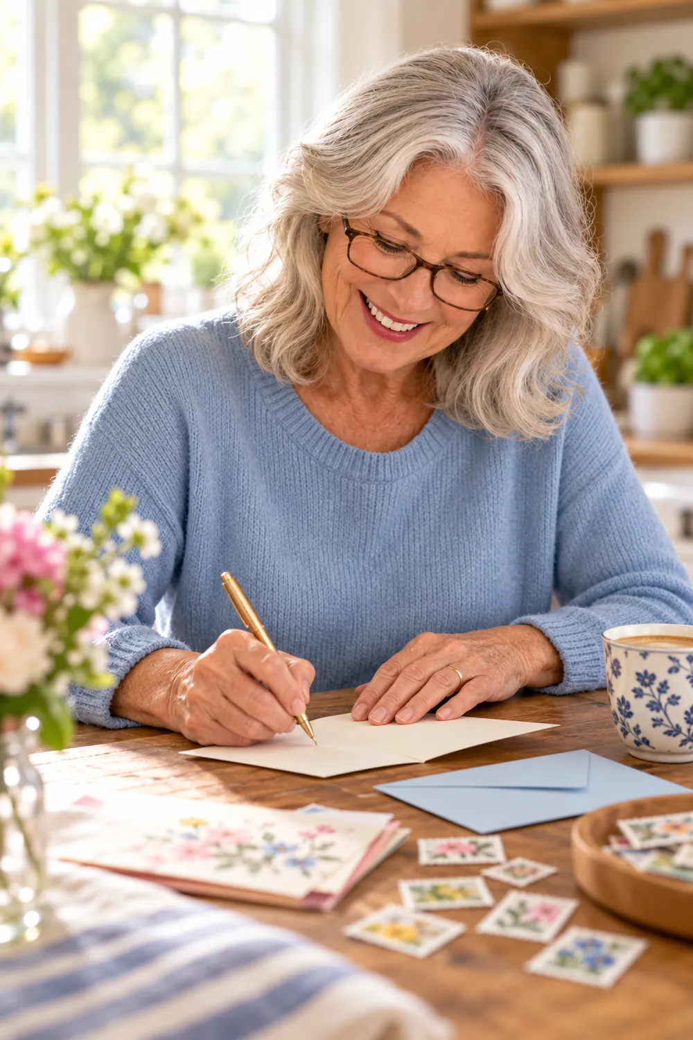 Grandmother writing a handwritten card to her grandchild at her kitchen table