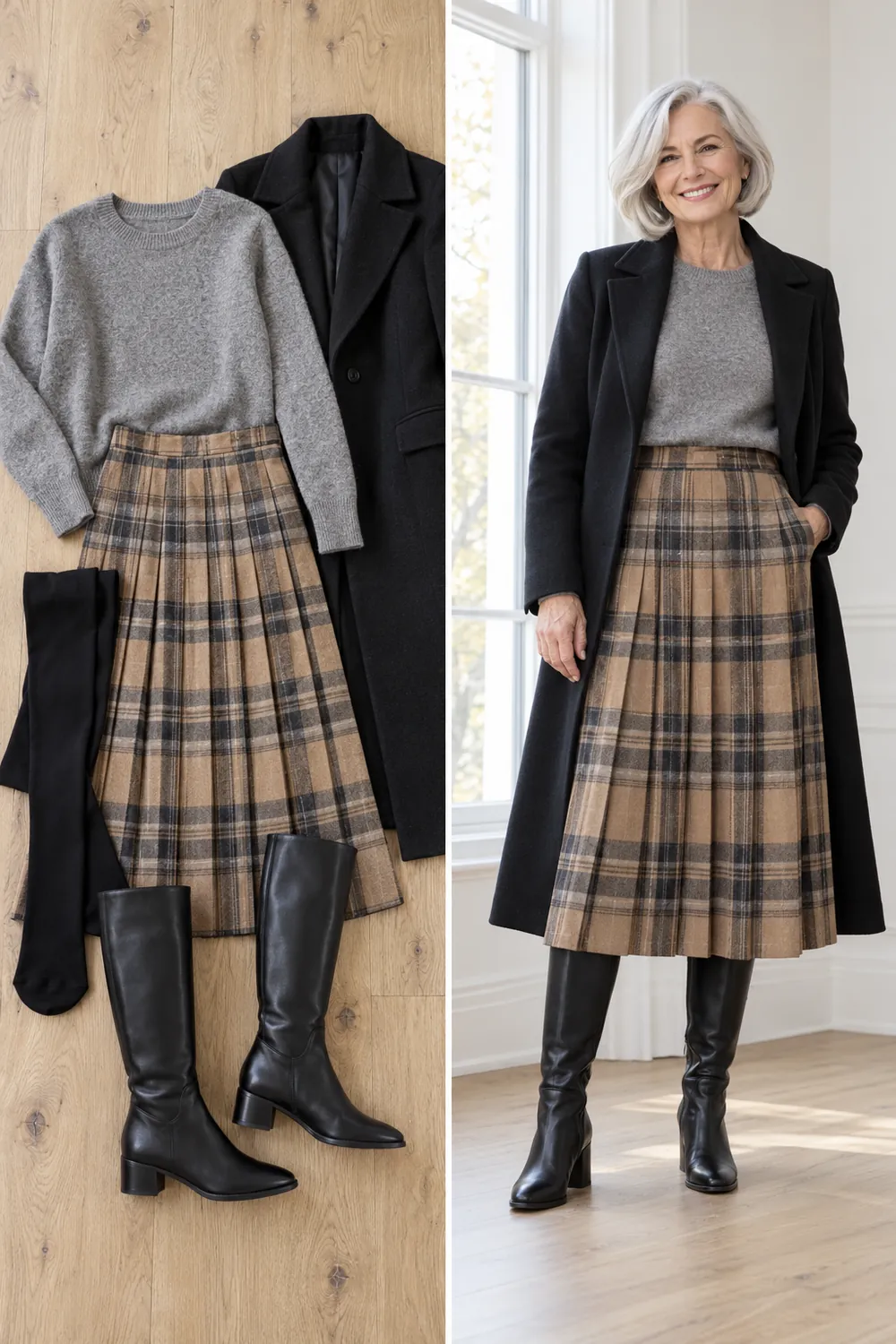 Gray sweater over a plaid midi skirt with tights and boots, a winter layering formula for women over 50
