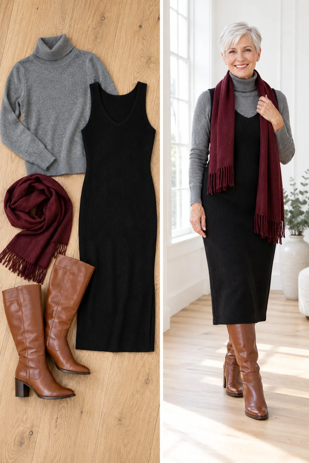 Gray turtleneck layered under a black knit midi dress with cognac boots, a winter capsule outfit for women over 50