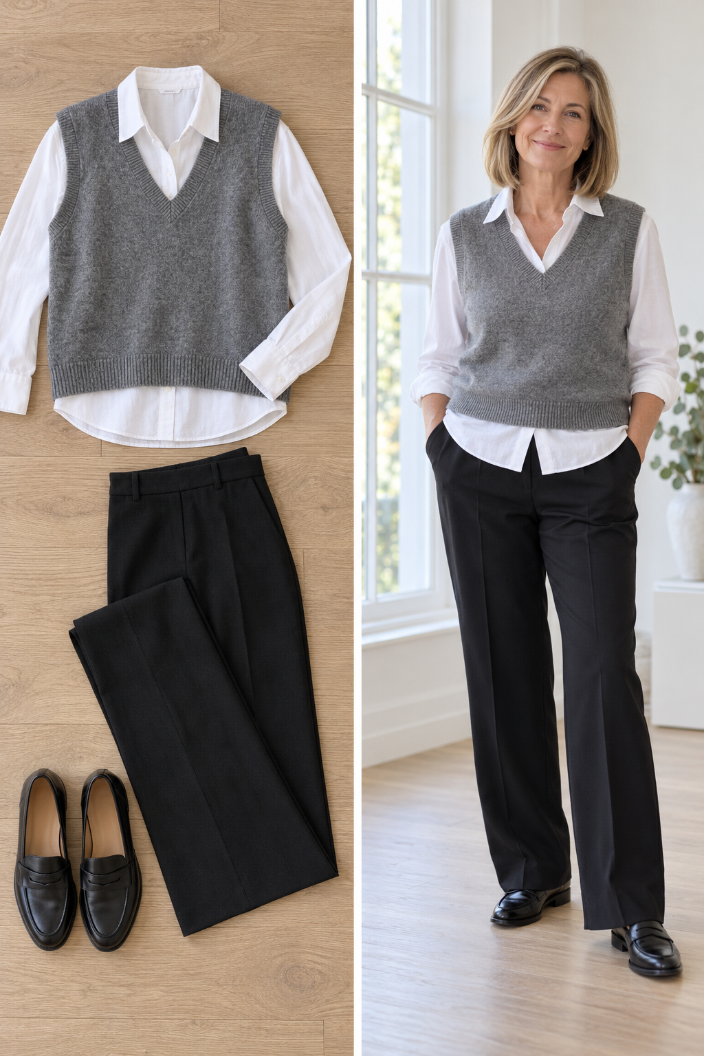 Gray wool sweater vest over a white shirt with black trousers, a wool outfit for women over 50