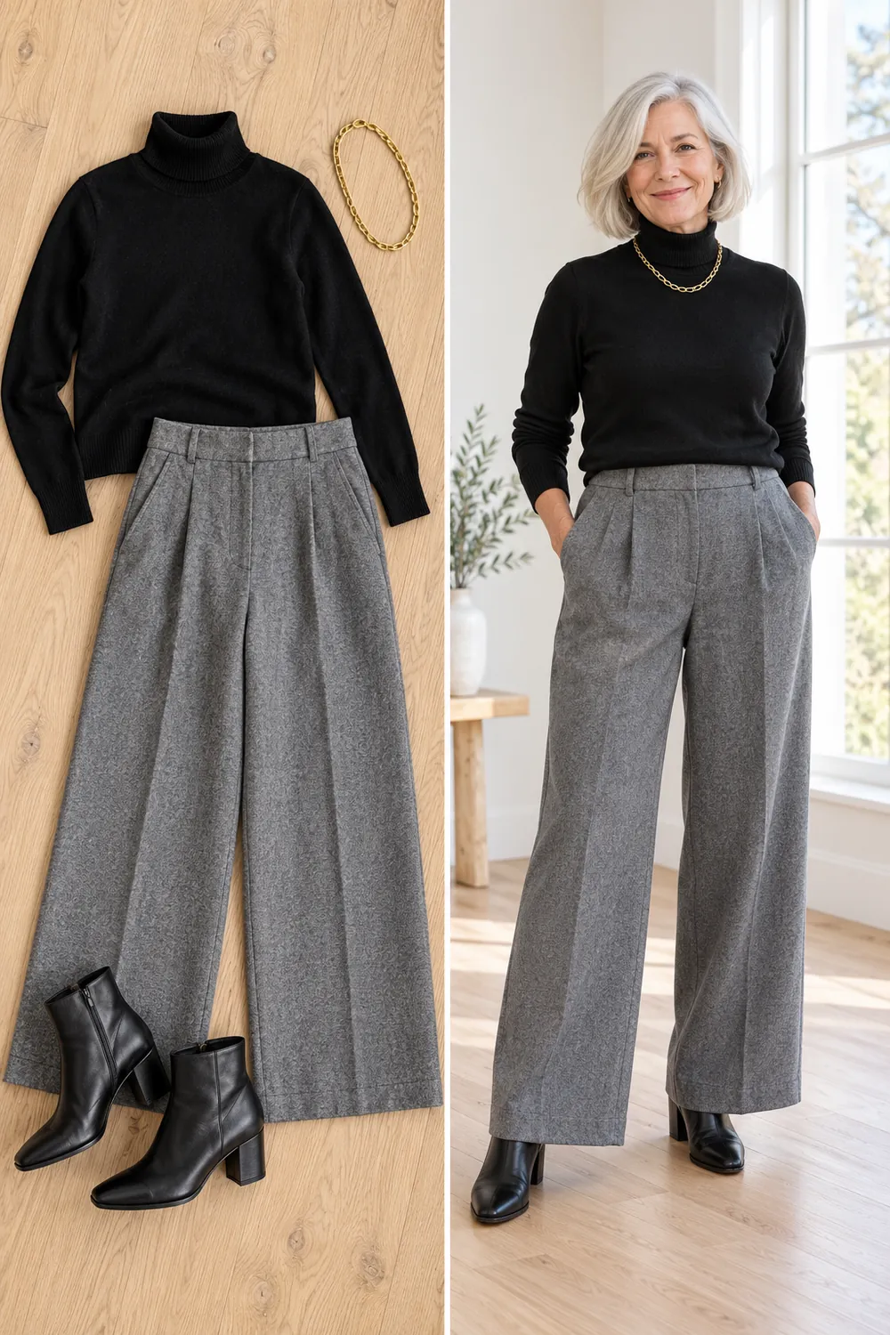 Gray wool wide-leg trousers with a black turtleneck, a winter wardrobe essential for women over 50