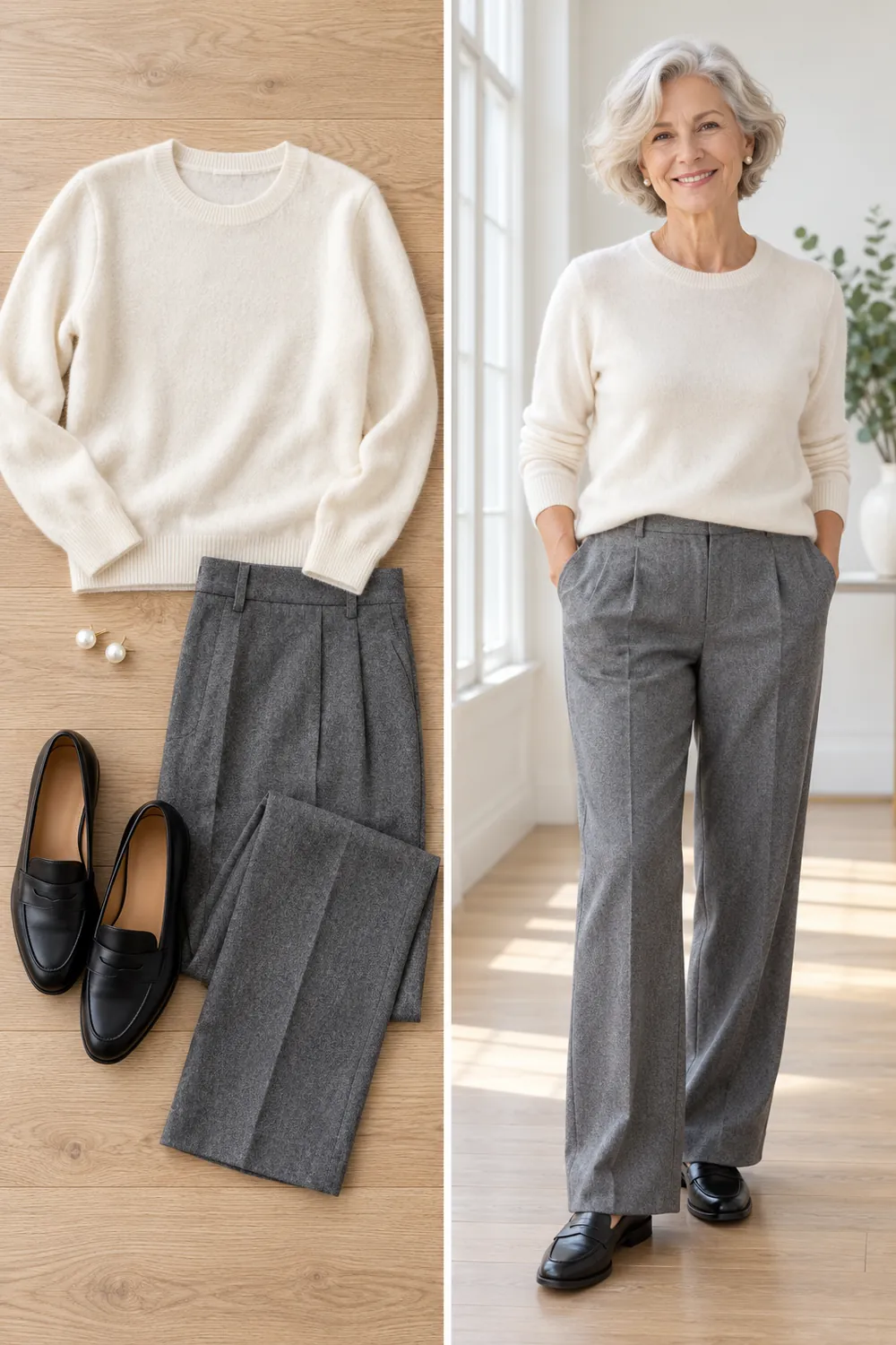 Ivory cashmere crewneck sweater with gray trousers, a winter wardrobe essential for women over 50