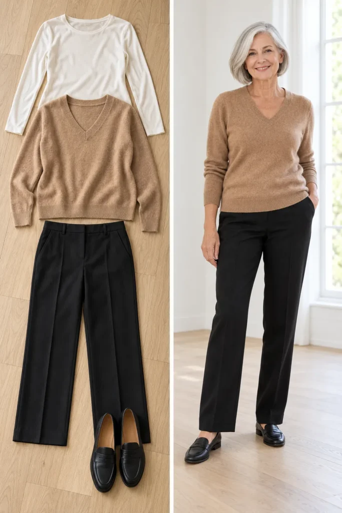 Ivory silk thermal top under a camel sweater, a tip for staying warm and stylish over 50
