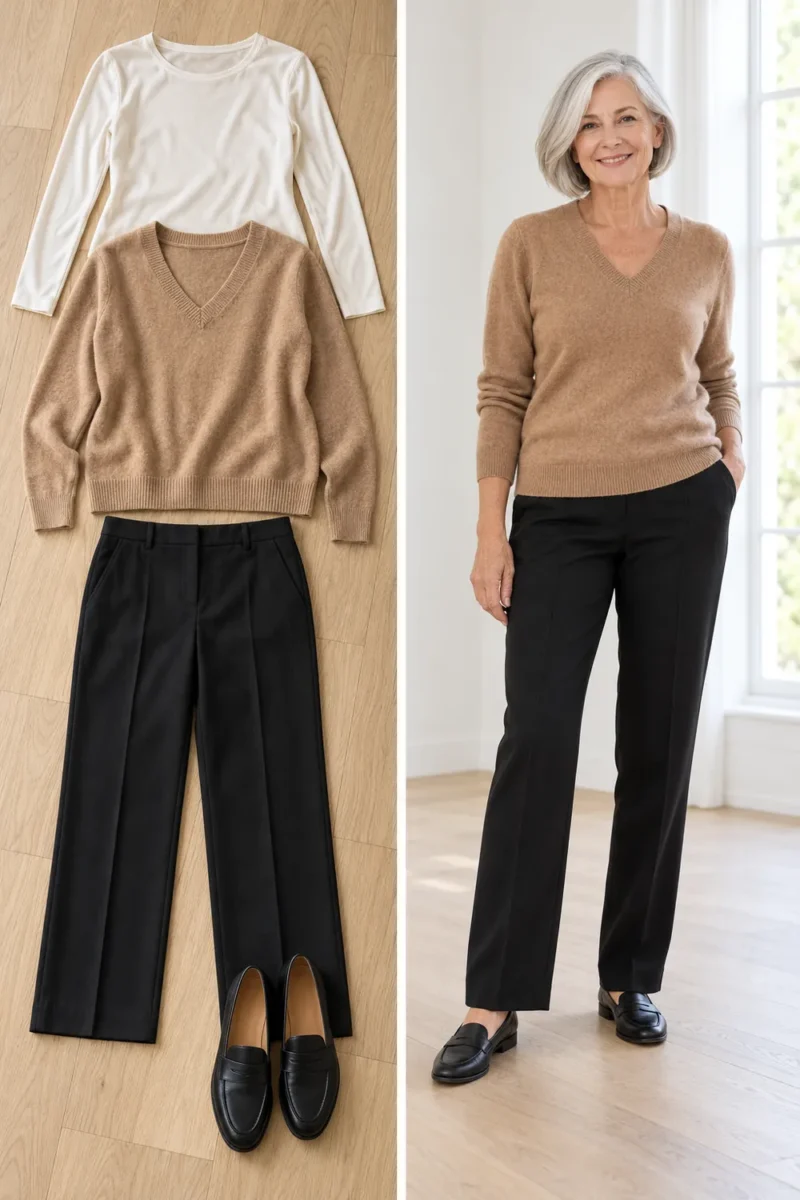Ivory silk thermal top under a camel sweater, a tip for staying warm and stylish over 50