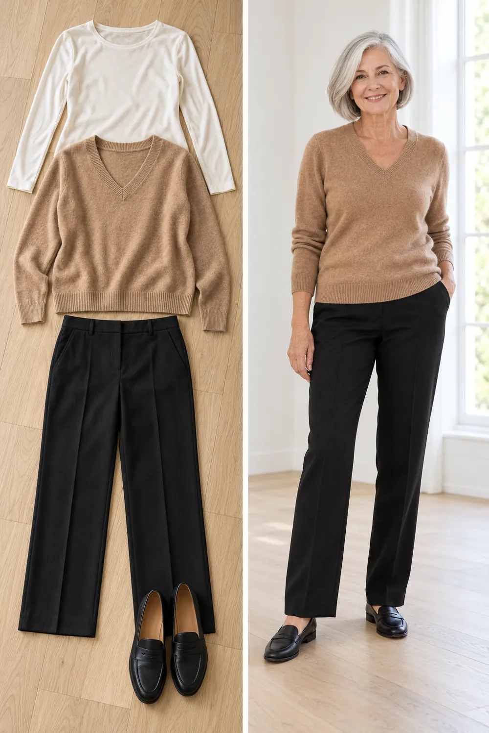 Ivory silk thermal top under a camel sweater, a tip for staying warm and stylish over 50