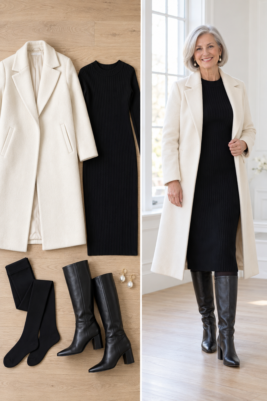 Ivory wool coat over a black knit dress with black boots, an elegant wool outfit for women over 50
