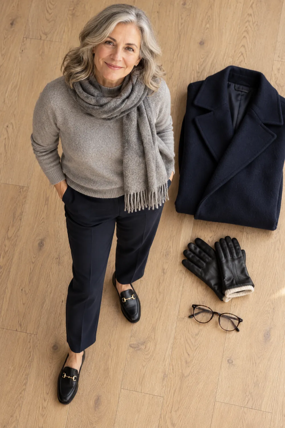 Woman wearing a gray scarf beside leather gloves and a navy coat
