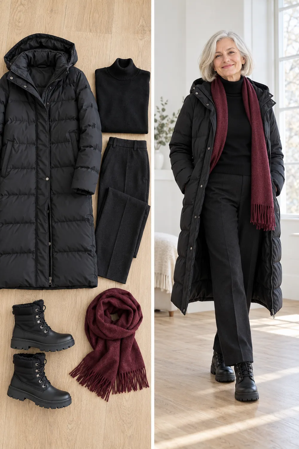 Long black puffer over a black turtleneck and trousers with snow boots and a burgundy scarf, a winter capsule outfit for women over 50