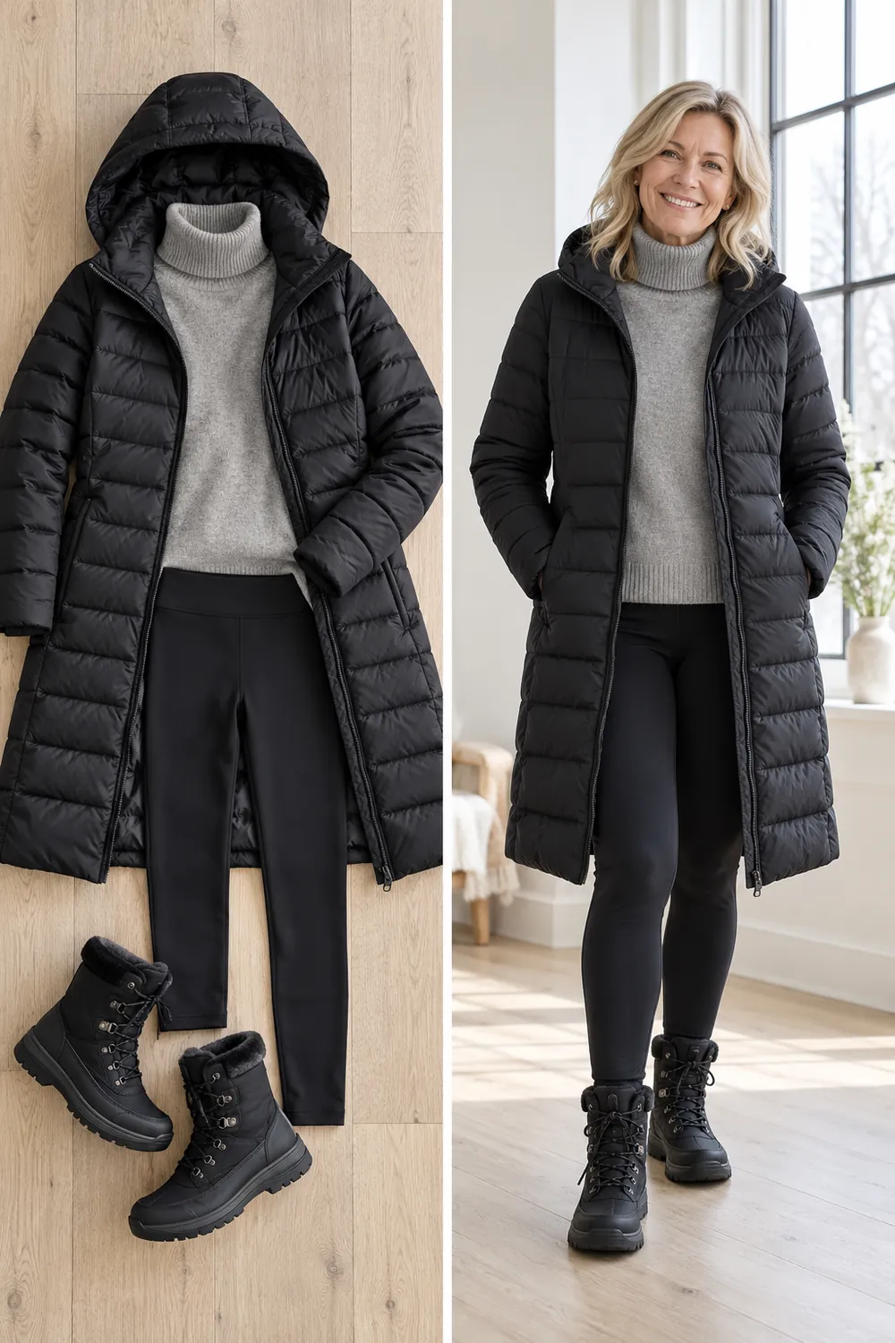 Long black quilted puffer coat with snow boots, a winter wardrobe essential for women over 50