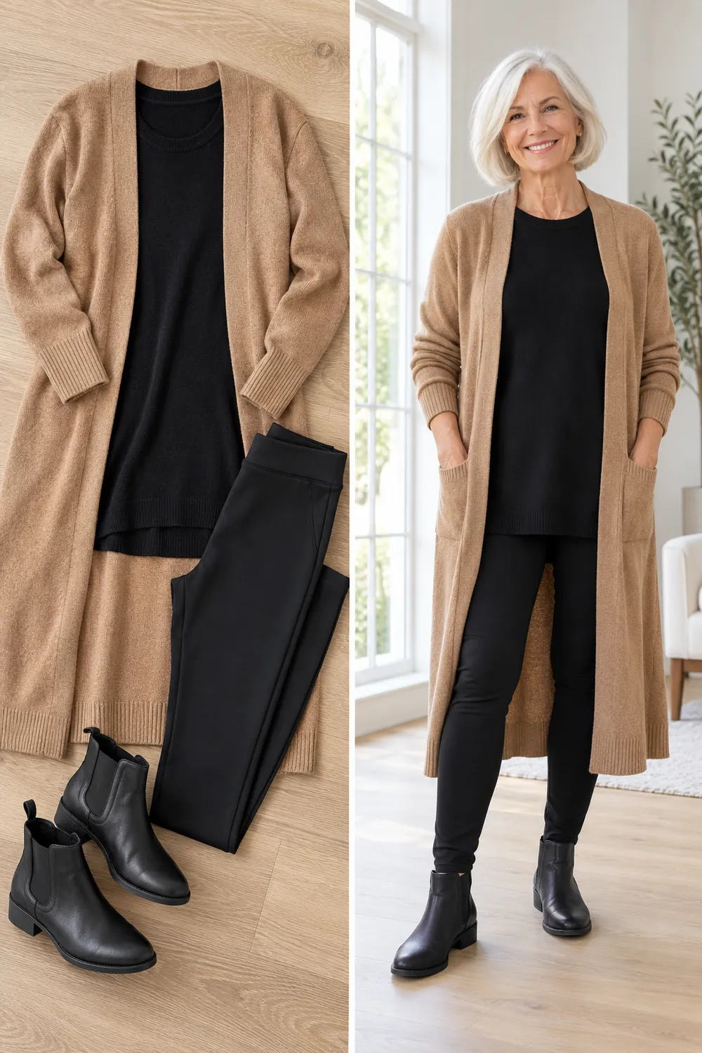 Long camel cardigan over a black tunic and ponte leggings, a winter layering formula for women over 50