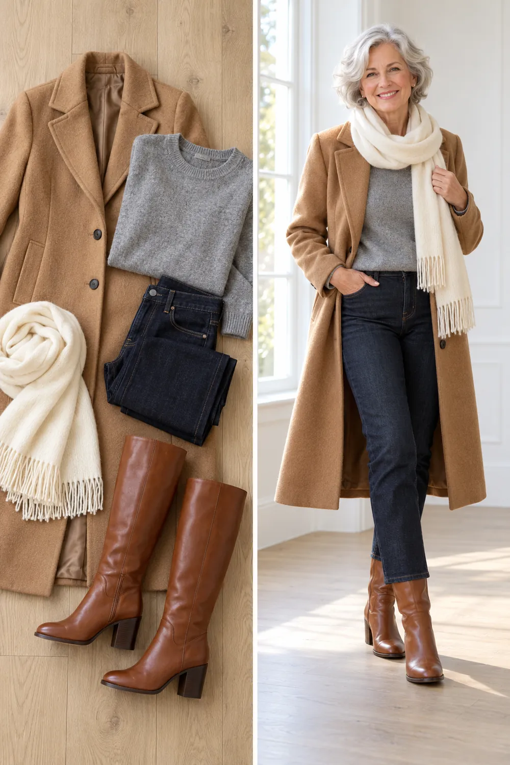 Long camel wool coat below the knee with a gray sweater and boots, a warm and stylish outfit for women over 50