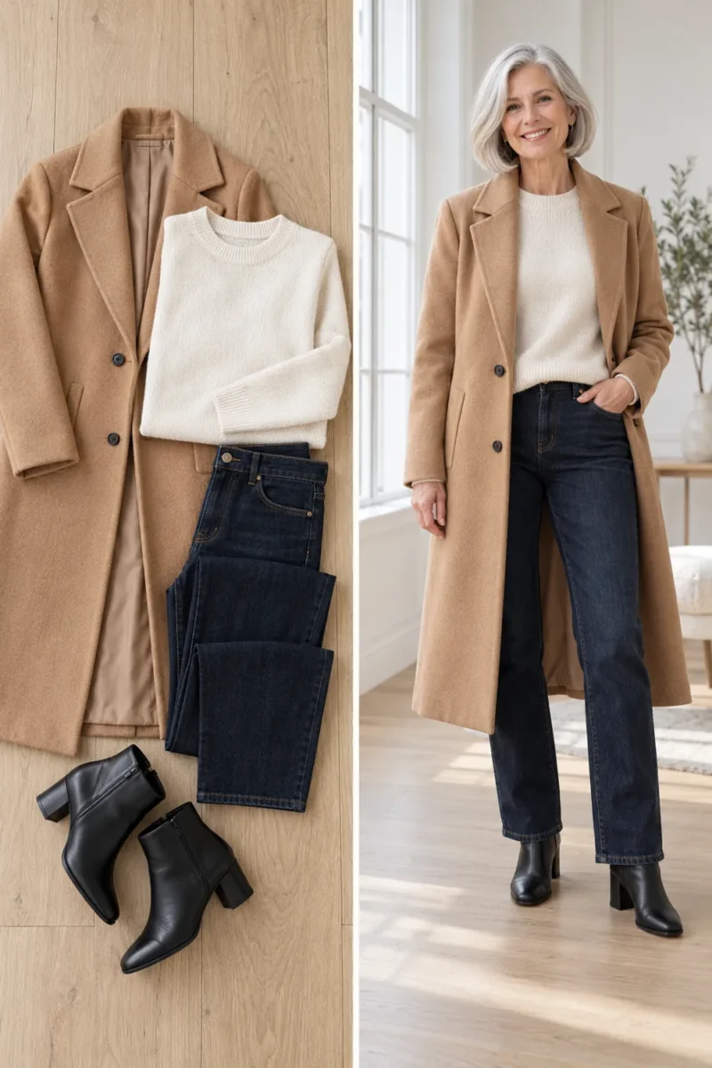 Long camel wool coat over a cream sweater and dark jeans, a winter wardrobe essential for women over 50