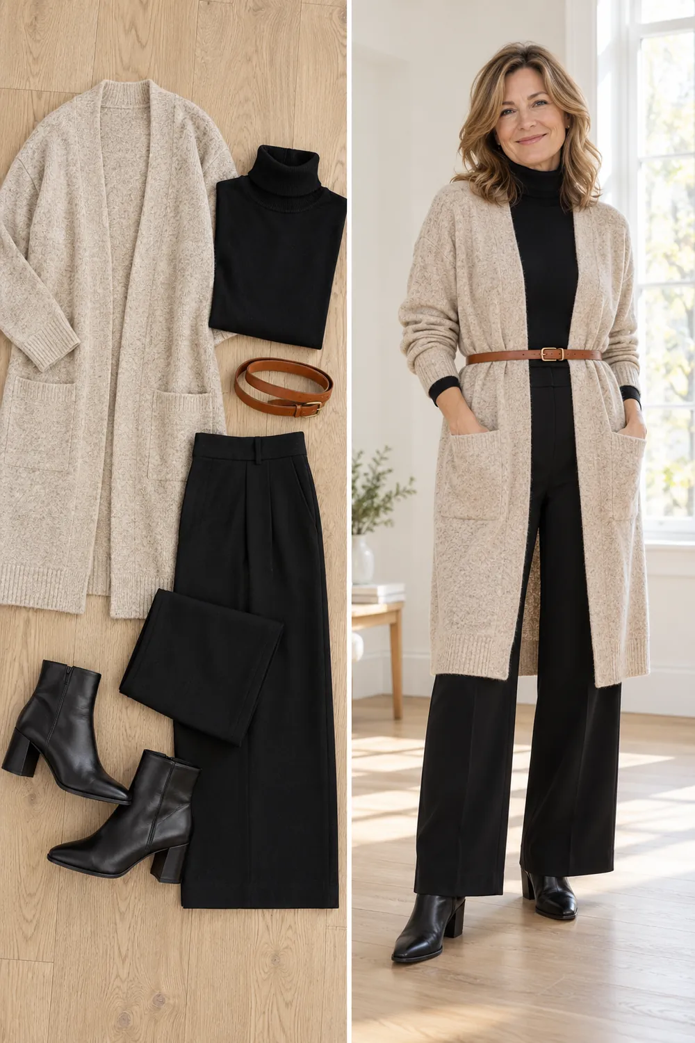 Long cardigan belted at the waist over a turtleneck and trousers, a winter layering formula for women over 50