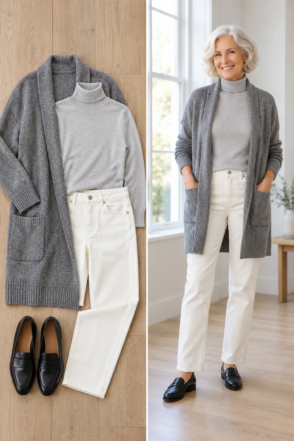 Long gray cardigan over a gray turtleneck with winter white jeans, a winter capsule outfit for women over 50