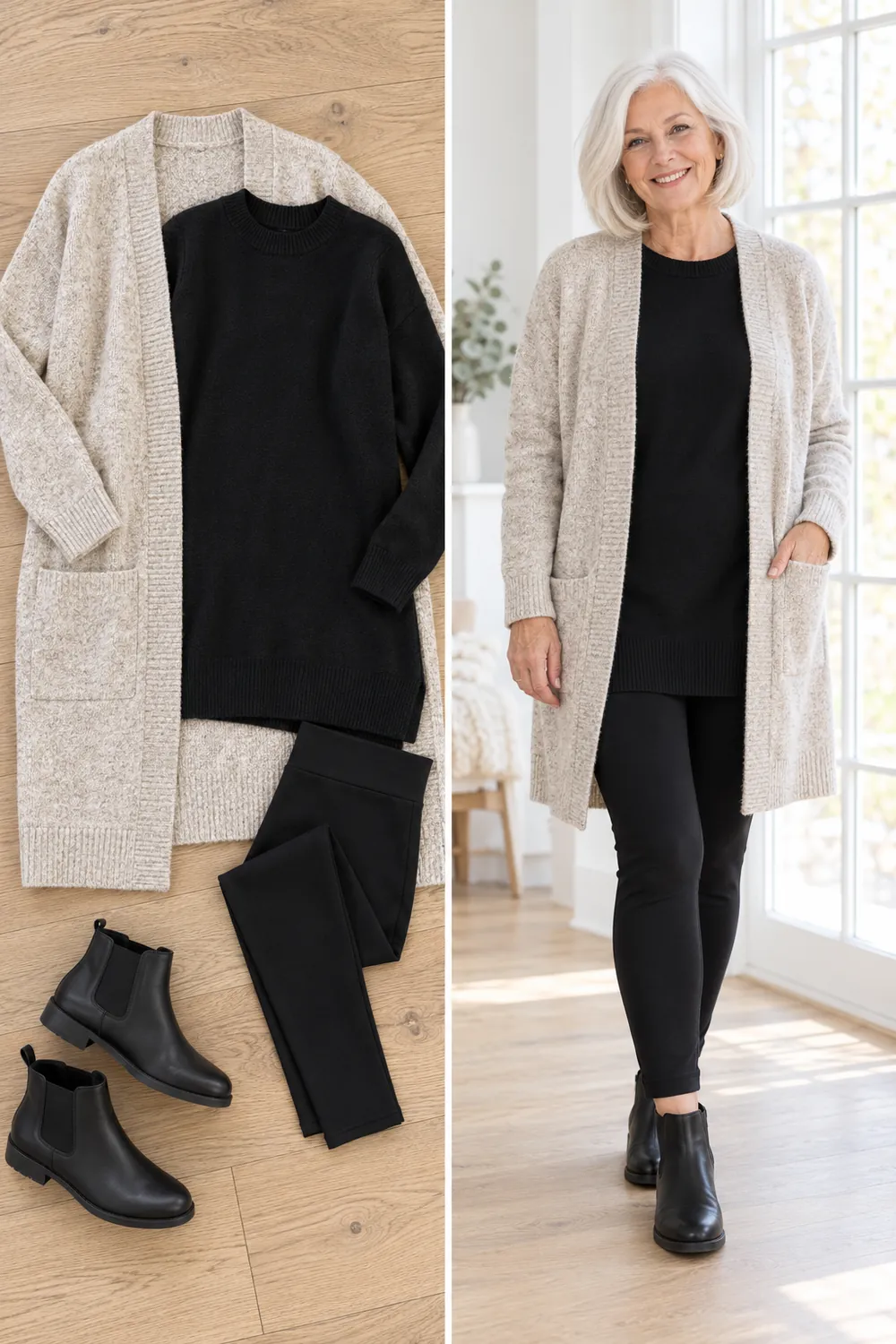 Long oatmeal cardigan over a black top and leggings, a winter wardrobe essential for women over 50