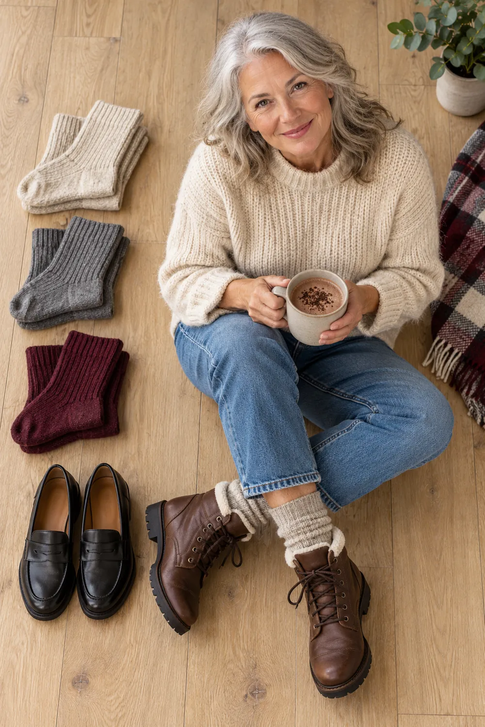 Woman wearing wool socks with winter boots beside folded socks and loafers